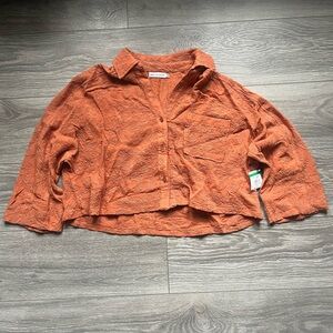 NEW Avec Les Filles Orange Floral Embroidered Boxy Cropped Long Sleeve Size M